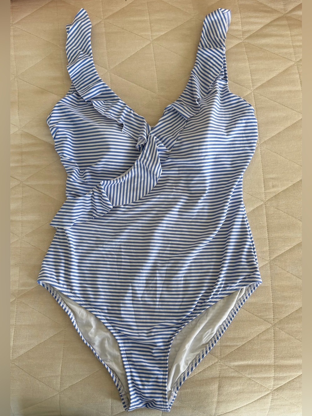 Blue & White Striped Ruffle One-Piece Swimsuit